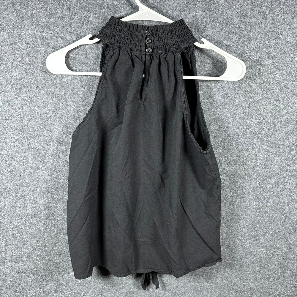 Redhaute Womens Small Black Smocked High Neck Lace Trim Tie Front Halter Top